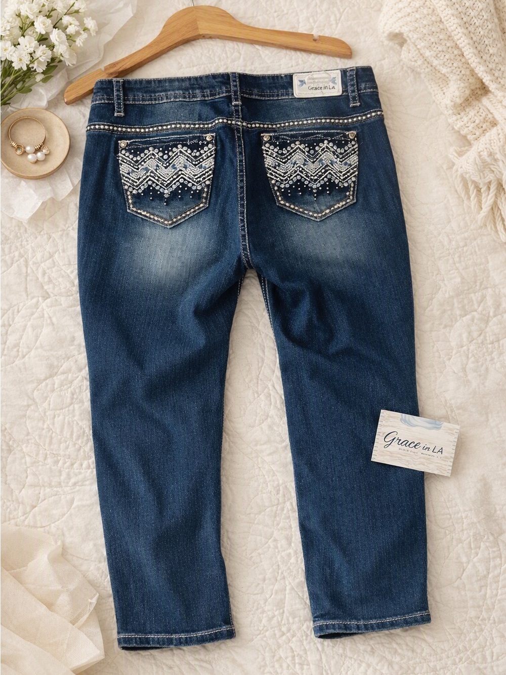 Grace In LA Women's Chevron Fleur De Lis Embroidered Pockets Skinny Stretch Jean